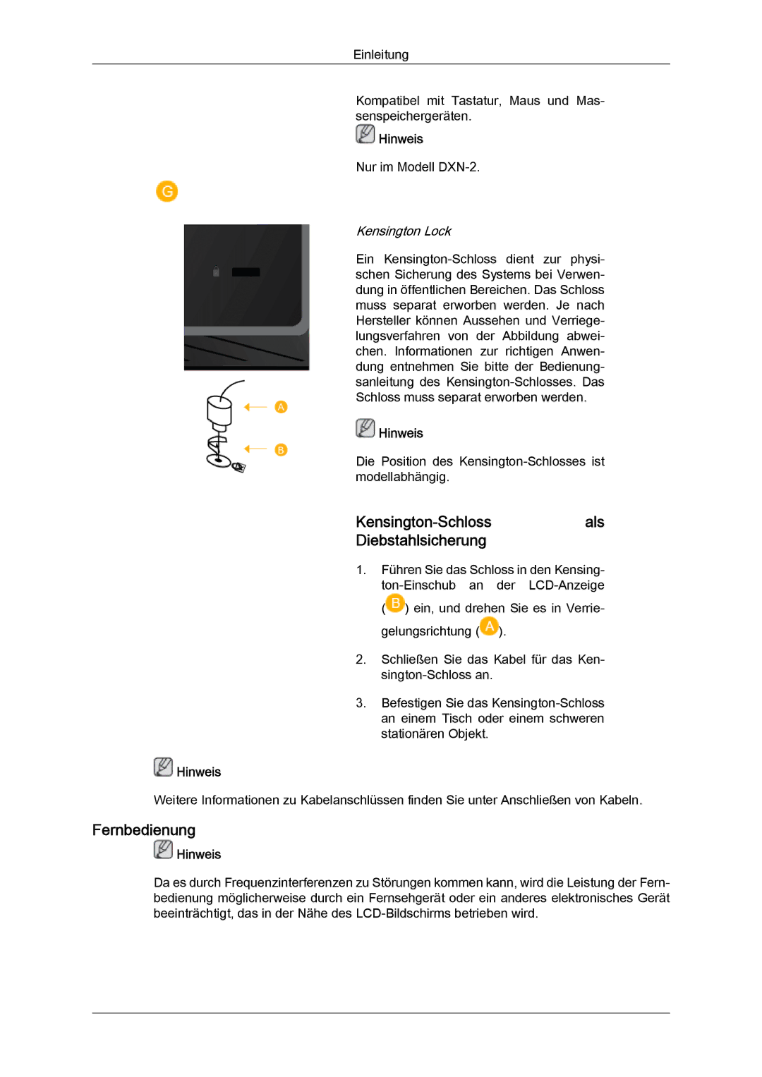 Samsung LH40BVTLBC/EN, LH46BVTMBC/EN, LH46BVPLBF/EN, LH40BVPLBF/EN Kensington‐Schlossals Diebstahlsicherung, Fernbedienung 