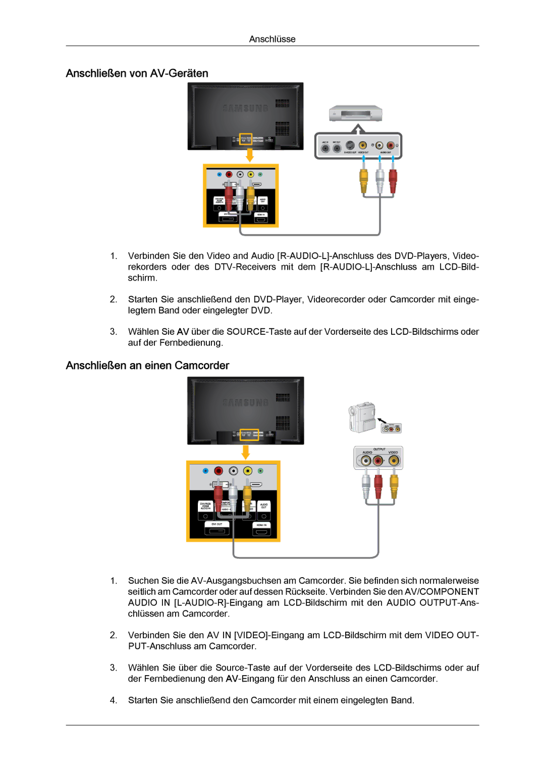 Samsung LH46BVTLBC/EN, LH46BVTMBC/EN, LH46BVPLBF/EN manual Anschließen von AV‐Geräten, Anschließen an einen Camcorder 