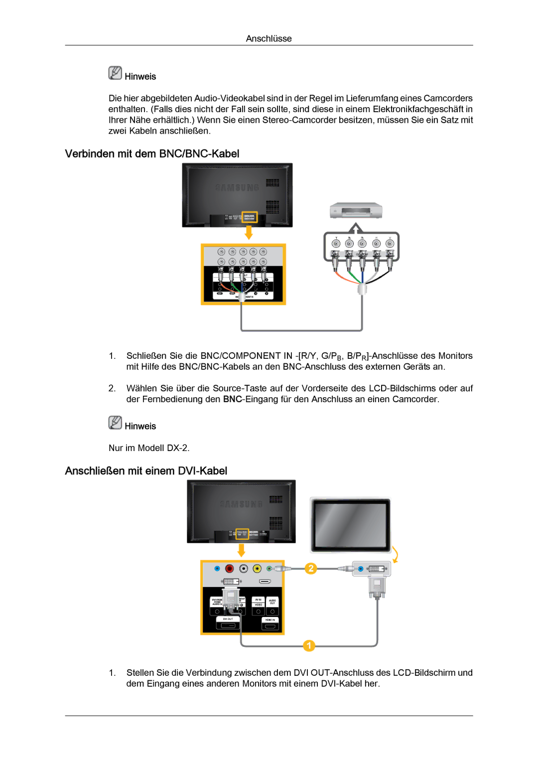 Samsung LH46BVTMBC/EN, LH46BVPLBF/EN, LH40BVTLBC/EN manual Verbinden mit dem BNC/BNC‐Kabel, Anschließen mit einem DVI‐Kabel 