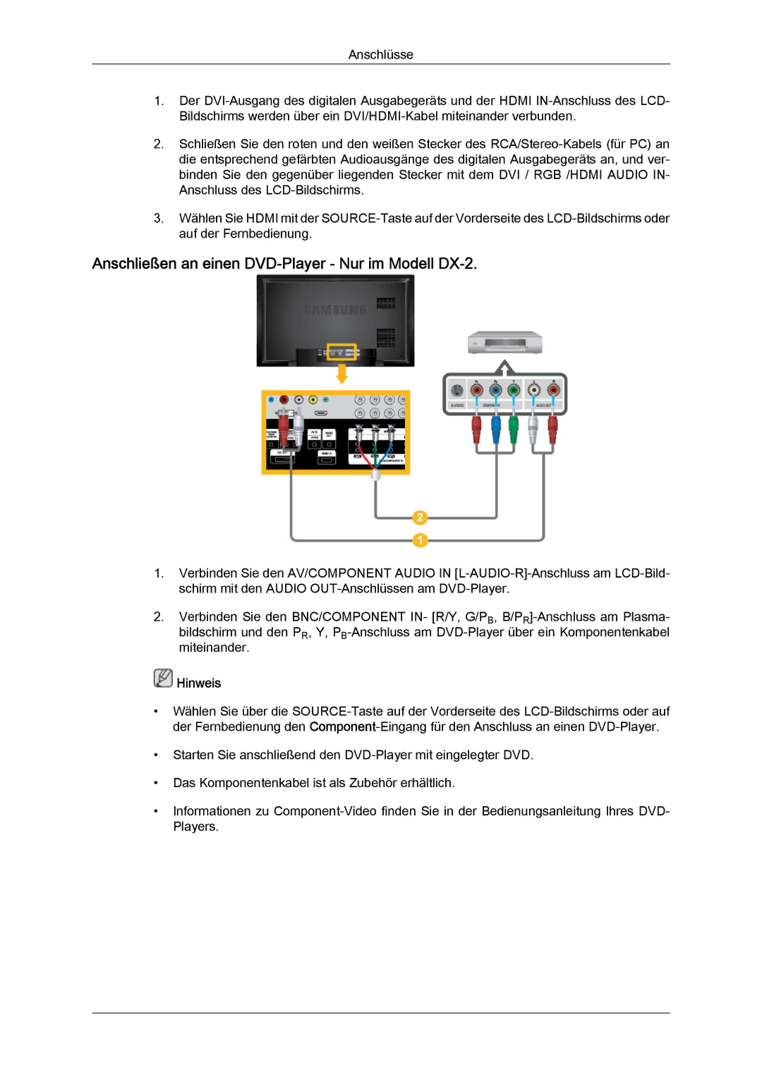 Samsung LH40BVTLBC/EN, LH46BVTMBC/EN, LH46BVPLBF/EN, LH40BVPLBF/EN manual Anschließen an einen DVD‐Player ‐ Nur im Modell DX-2 