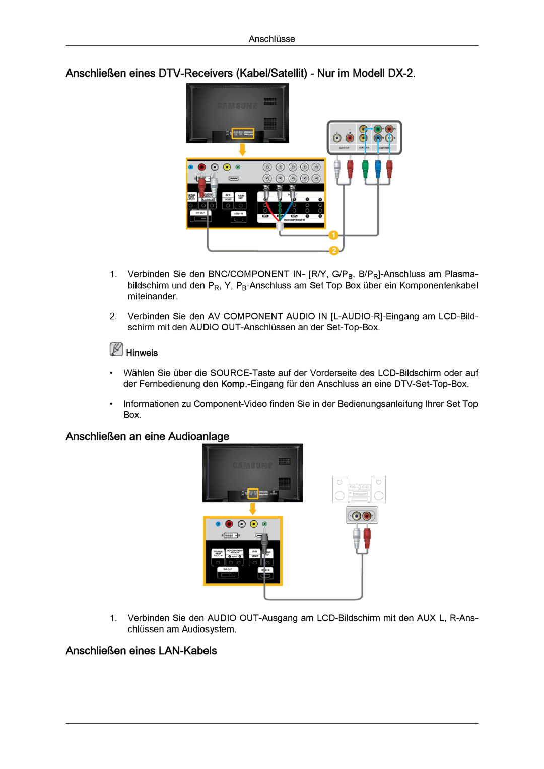 Samsung LH40BVPLBF/EN, LH46BVTMBC/EN, LH46BVPLBF/EN manual Anschließen an eine Audioanlage, Anschließen eines LAN‐Kabels 