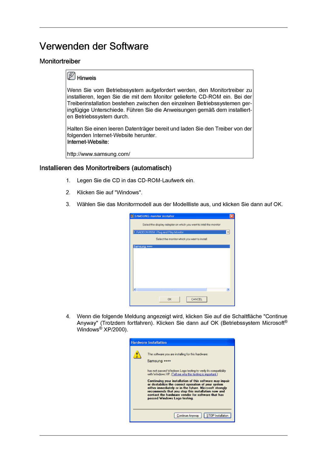 Samsung LH46BVTMBC/EN, LH46BVPLBF/EN, LH40BVTLBC/EN manual Installieren des Monitortreibers automatisch, Internet‐Website 