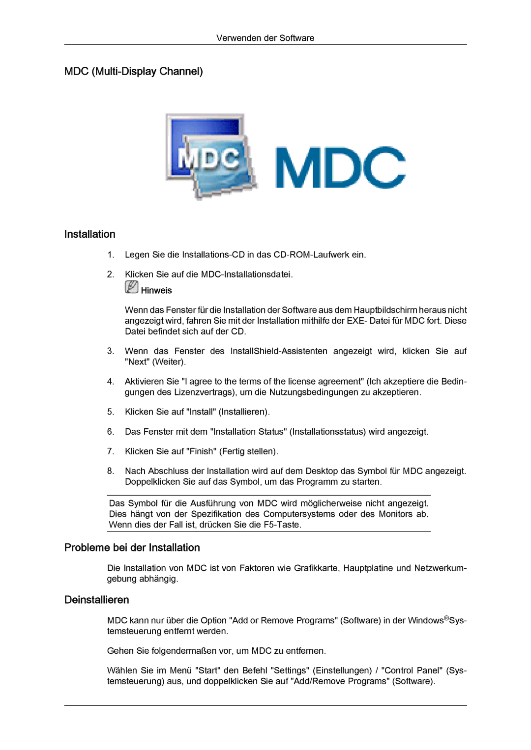 Samsung LH46BVTLBC/EN, LH46BVTMBC/EN MDC Multi-Display Channel Installation, Probleme bei der Installation, Deinstallieren 