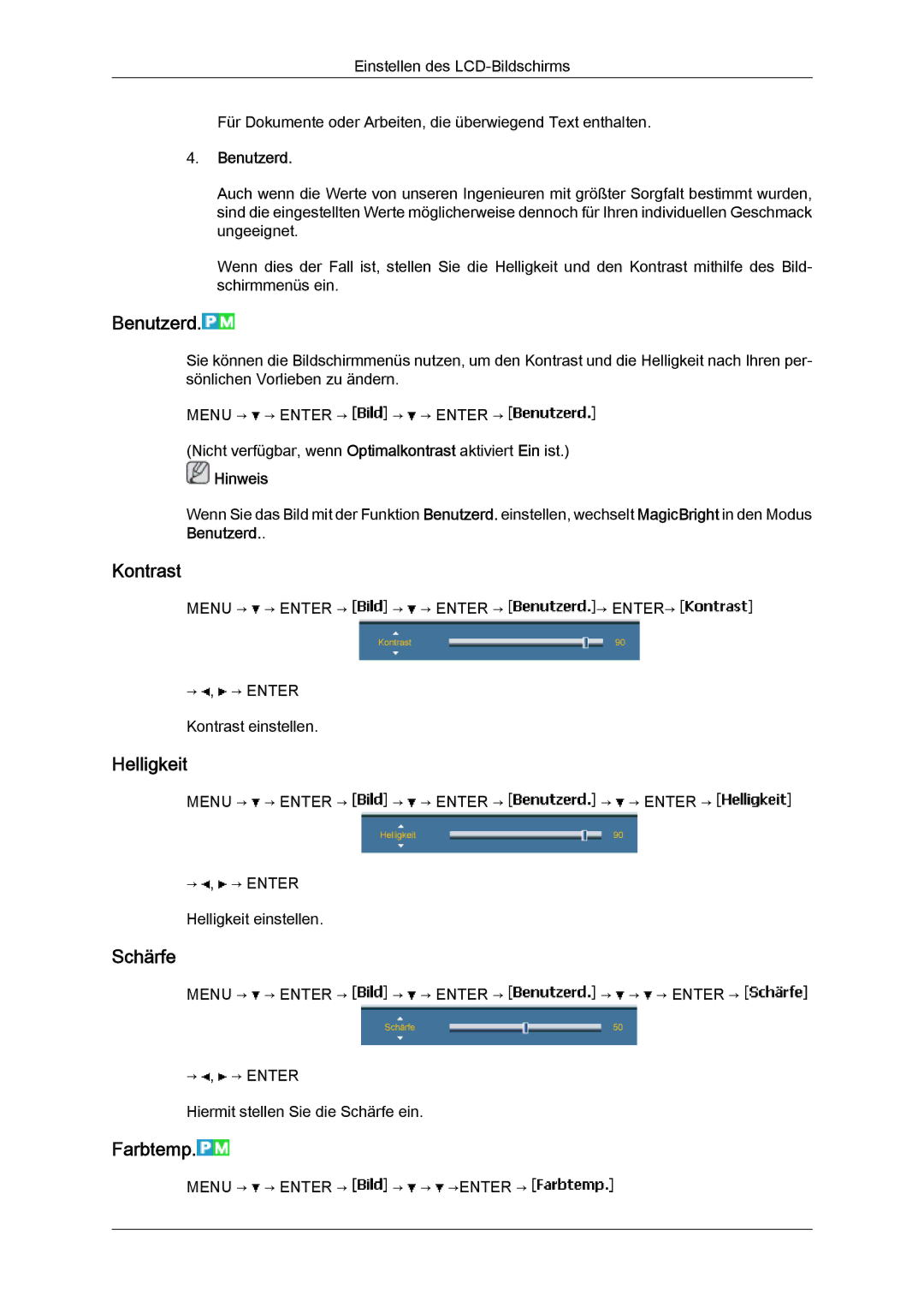 Samsung LH40BVPLBF/EN, LH46BVTMBC/EN, LH46BVPLBF/EN, LH40BVTLBC/EN manual Benutzerd, Kontrast, Helligkeit, Schärfe, Farbtemp 