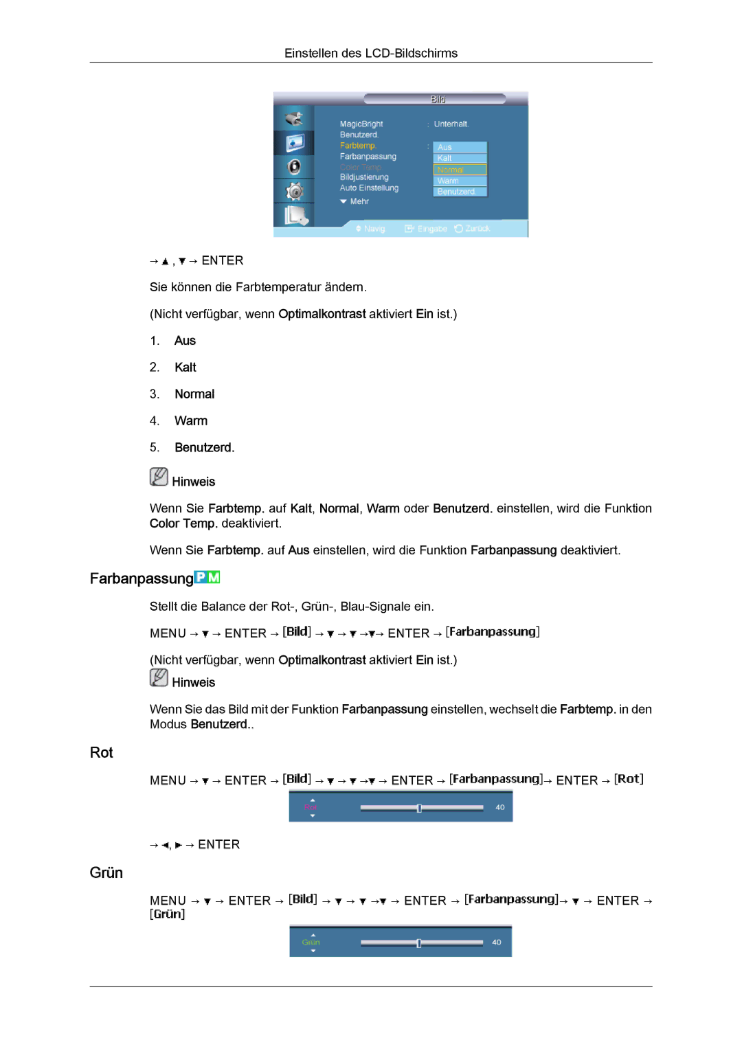 Samsung LH46BVTLBC/EN, LH46BVTMBC/EN, LH46BVPLBF/EN manual Farbanpassung, Rot, Grün, Aus Kalt Normal Warm Benutzerd Hinweis 