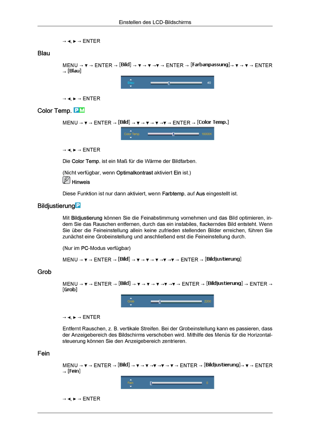 Samsung LH46BVTMBC/EN, LH46BVPLBF/EN, LH40BVTLBC/EN, LH40BVPLBF/EN manual Blau, Color Temp, Bildjustierung, Grob, Fein 