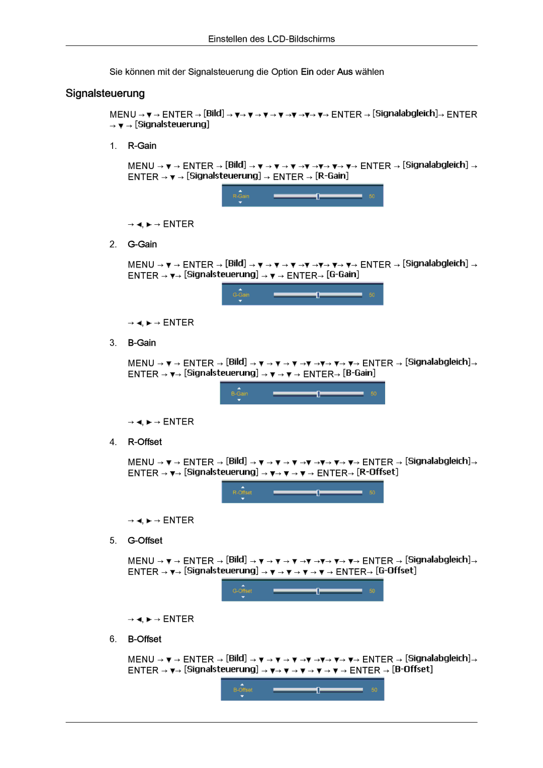 Samsung LH40BVTLBC/EN, LH46BVTMBC/EN, LH46BVPLBF/EN, LH40BVPLBF/EN, LH46BVTLBC/EN manual Signalsteuerung, ‐Gain, ‐Offset 