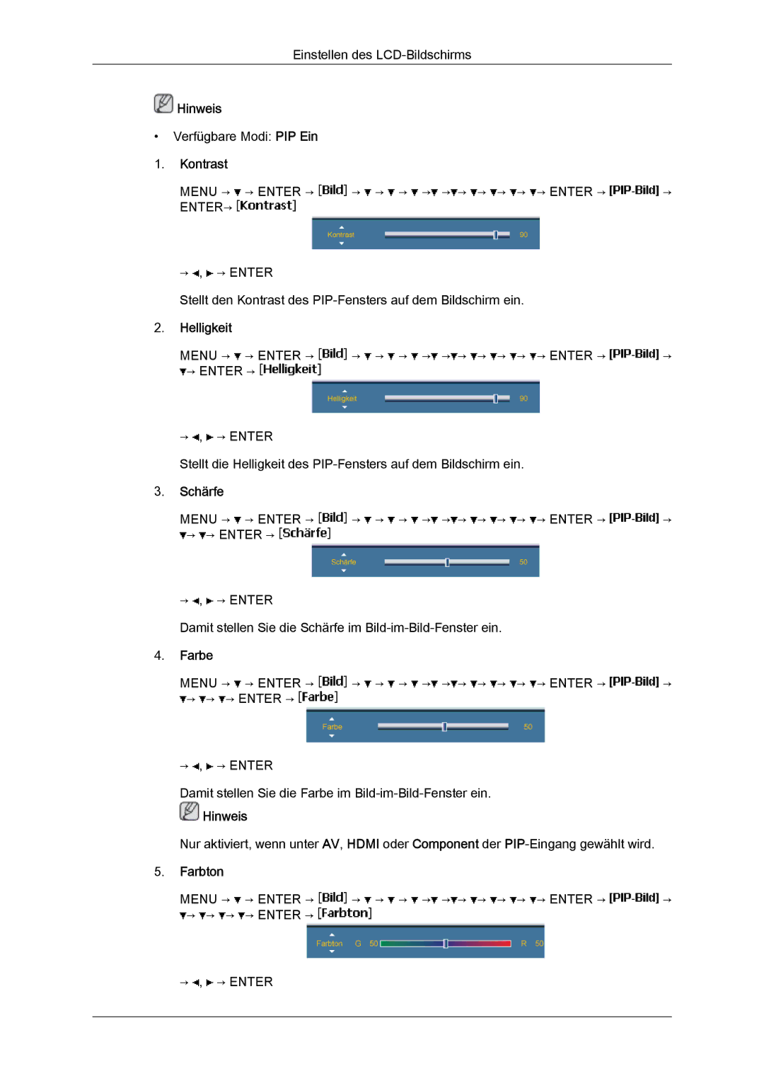 Samsung LH46BVTLBC/EN, LH46BVTMBC/EN, LH46BVPLBF/EN, LH40BVTLBC/EN manual Kontrast, Helligkeit, Schärfe, Farbe, Farbton 