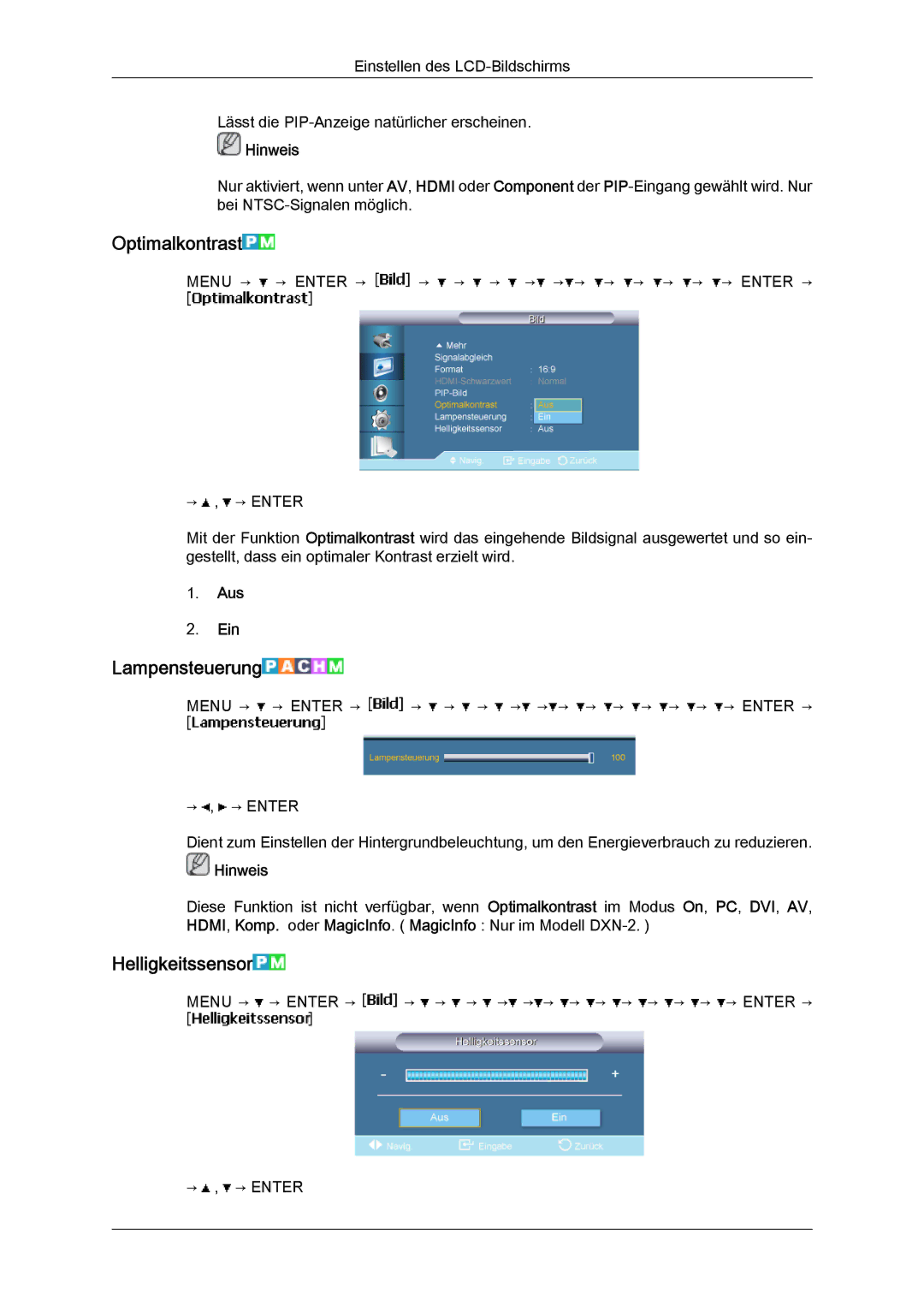 Samsung LH46BVTMBC/EN, LH46BVPLBF/EN, LH40BVTLBC/EN, LH40BVPLBF/EN manual Optimalkontrast, Lampensteuerung, Helligkeitssensor 