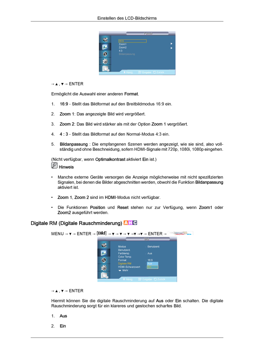 Samsung LH46BVTLBC/EN, LH46BVTMBC/EN, LH46BVPLBF/EN, LH40BVTLBC/EN manual Digitale RM Digitale Rauschminderung, Aus Ein 