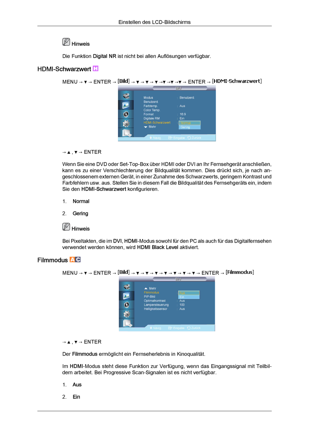 Samsung LH46BVTMBC/EN, LH46BVPLBF/EN, LH40BVTLBC/EN, LH40BVPLBF/EN, LH46BVTLBC/EN manual HDMI‐Schwarzwert, Filmmodus 