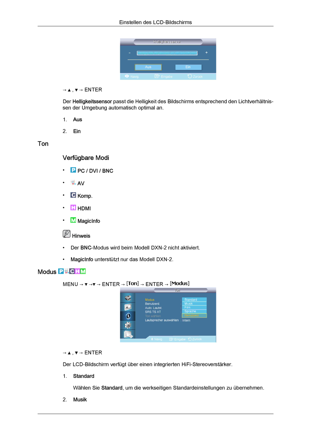 Samsung LH40BVPLBF/EN, LH46BVTMBC/EN, LH46BVPLBF/EN, LH40BVTLBC/EN, LH46BVTLBC/EN manual Ton Verfügbare Modi, Standard, Musik 