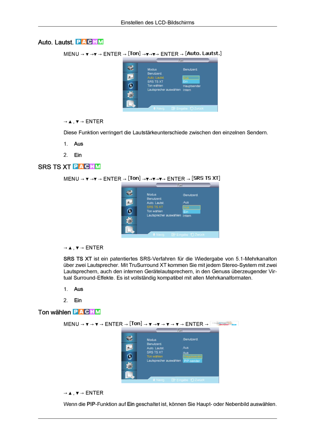 Samsung LH46BVTMBC/EN, LH46BVPLBF/EN, LH40BVTLBC/EN, LH40BVPLBF/EN, LH46BVTLBC/EN manual Auto. Lautst, Ton wählen 