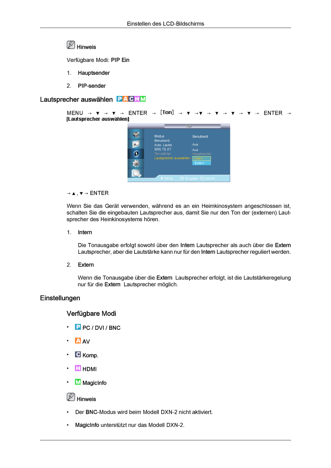 Samsung LH46BVPLBF/EN manual Lautsprecher auswählen, Einstellungen Verfügbare Modi, Hauptsender PIP‐sender, Intern, Extern 