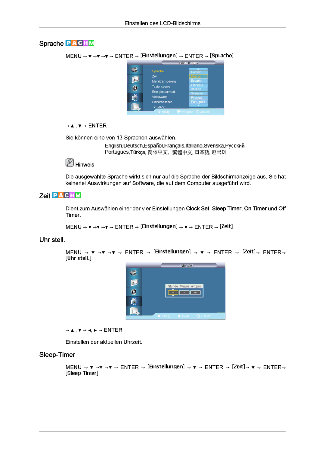 Samsung LH40BVTLBC/EN, LH46BVTMBC/EN, LH46BVPLBF/EN, LH40BVPLBF/EN, LH46BVTLBC/EN manual Sprache, Zeit, Uhr stell, Sleep‐Timer 