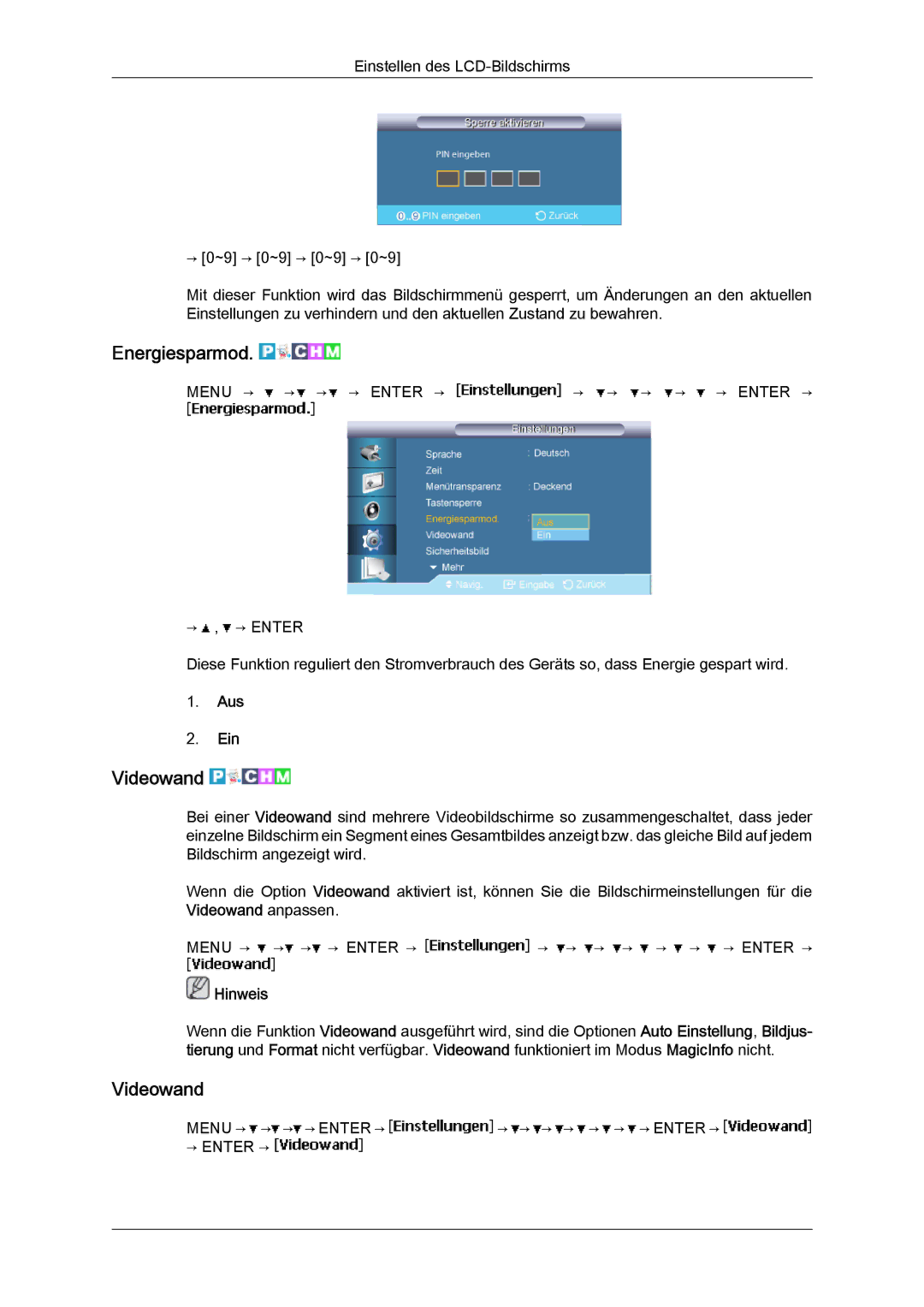 Samsung LH46BVTMBC/EN, LH46BVPLBF/EN, LH40BVTLBC/EN, LH40BVPLBF/EN, LH46BVTLBC/EN manual Energiesparmod, Videowand 