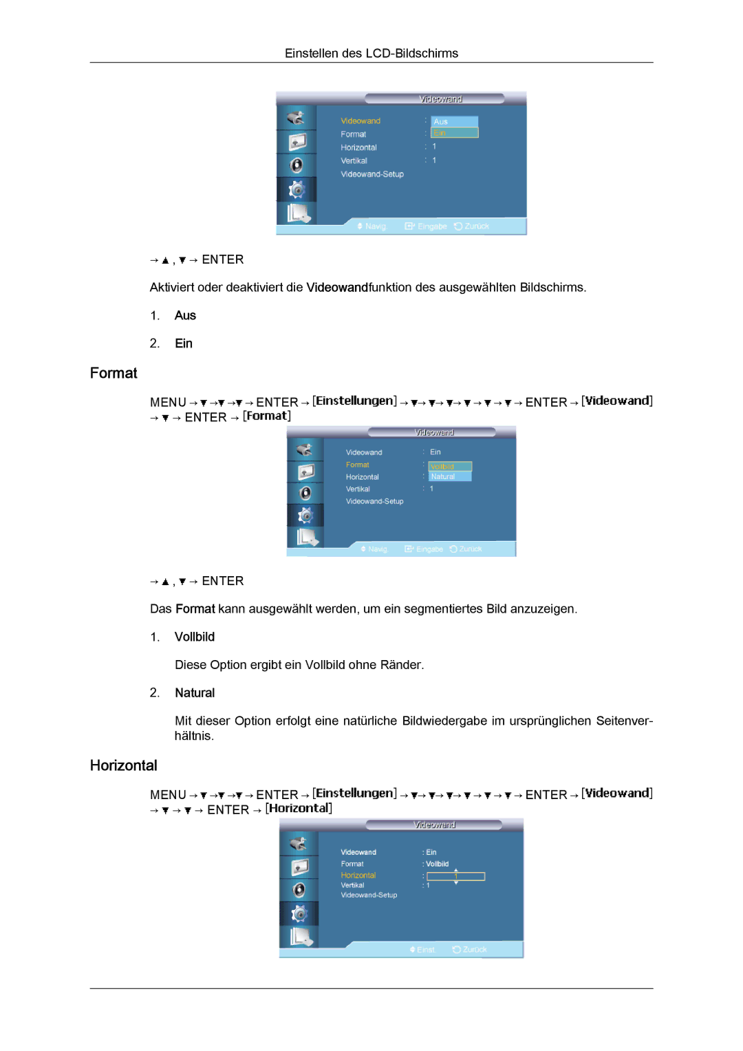 Samsung LH46BVPLBF/EN, LH46BVTMBC/EN, LH40BVTLBC/EN, LH40BVPLBF/EN, LH46BVTLBC/EN manual Horizontal, Vollbild, Natural 