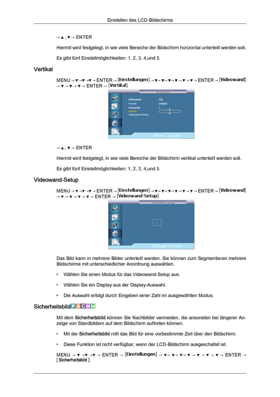 Samsung LH40BVTLBC/EN, LH46BVTMBC/EN, LH46BVPLBF/EN, LH40BVPLBF/EN, LH46BVTLBC/EN Vertikal, Videowand‐Setup, Sicherheitsbild 