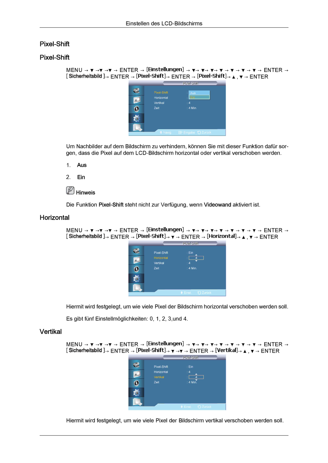 Samsung LH40BVPLBF/EN, LH46BVTMBC/EN, LH46BVPLBF/EN, LH40BVTLBC/EN, LH46BVTLBC/EN manual Pixel‐Shift, Aus Ein Hinweis 