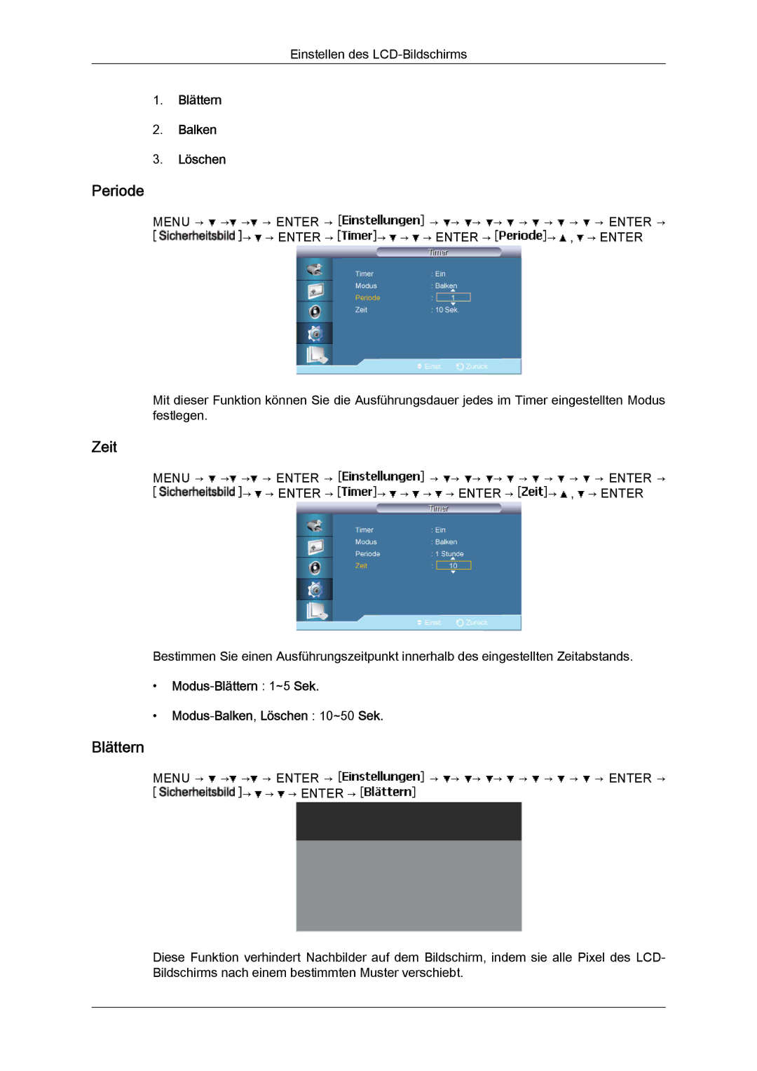 Samsung LH46BVTMBC/EN manual Periode, Blättern Balken Löschen, Modus‐Blättern 1~5 Sek Modus‐Balken, Löschen 10~50 Sek 