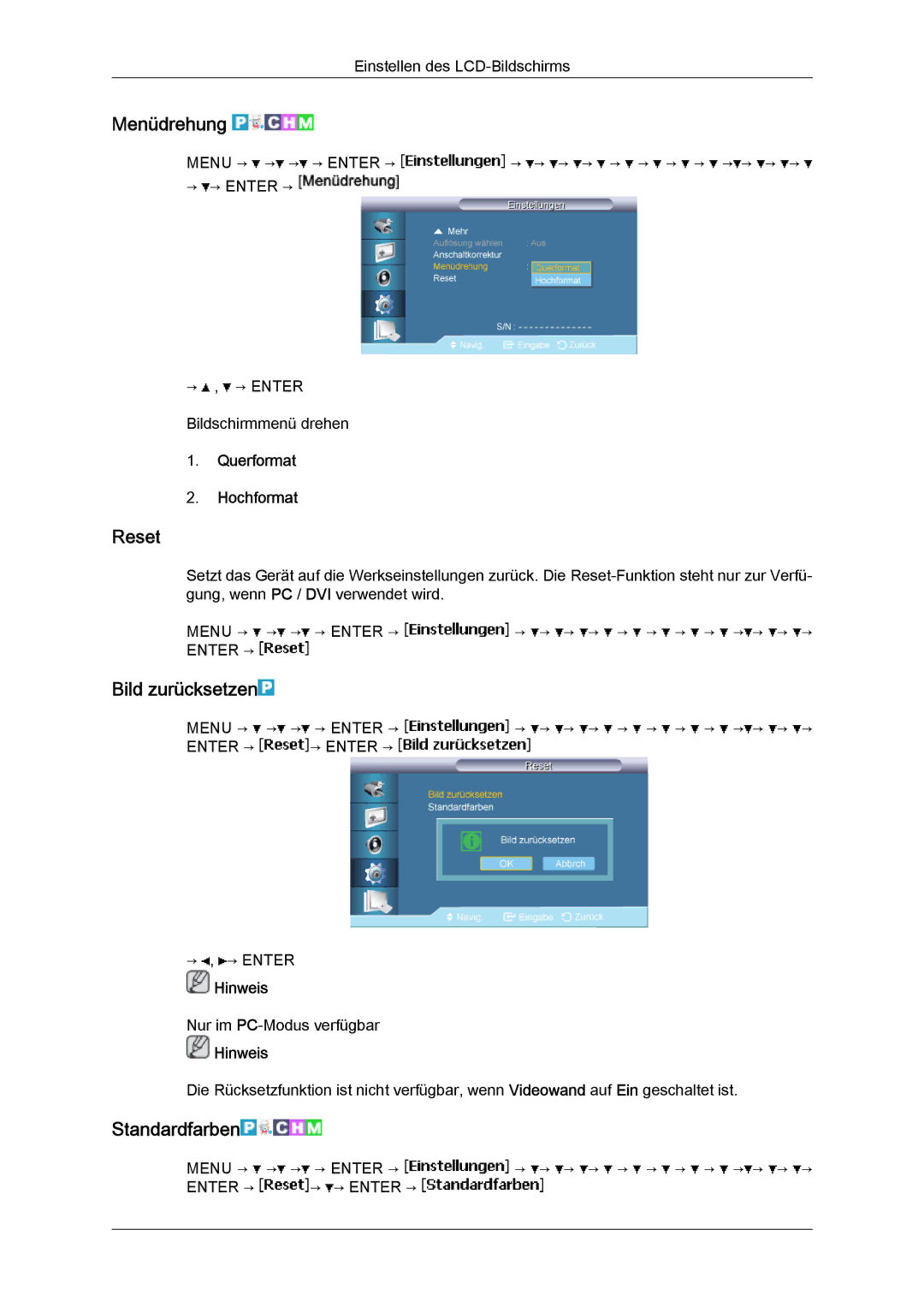 Samsung LH40BVPLBF/EN, LH46BVTMBC/EN manual Menüdrehung, Reset, Bild zurücksetzen, Standardfarben, Querformat Hochformat 