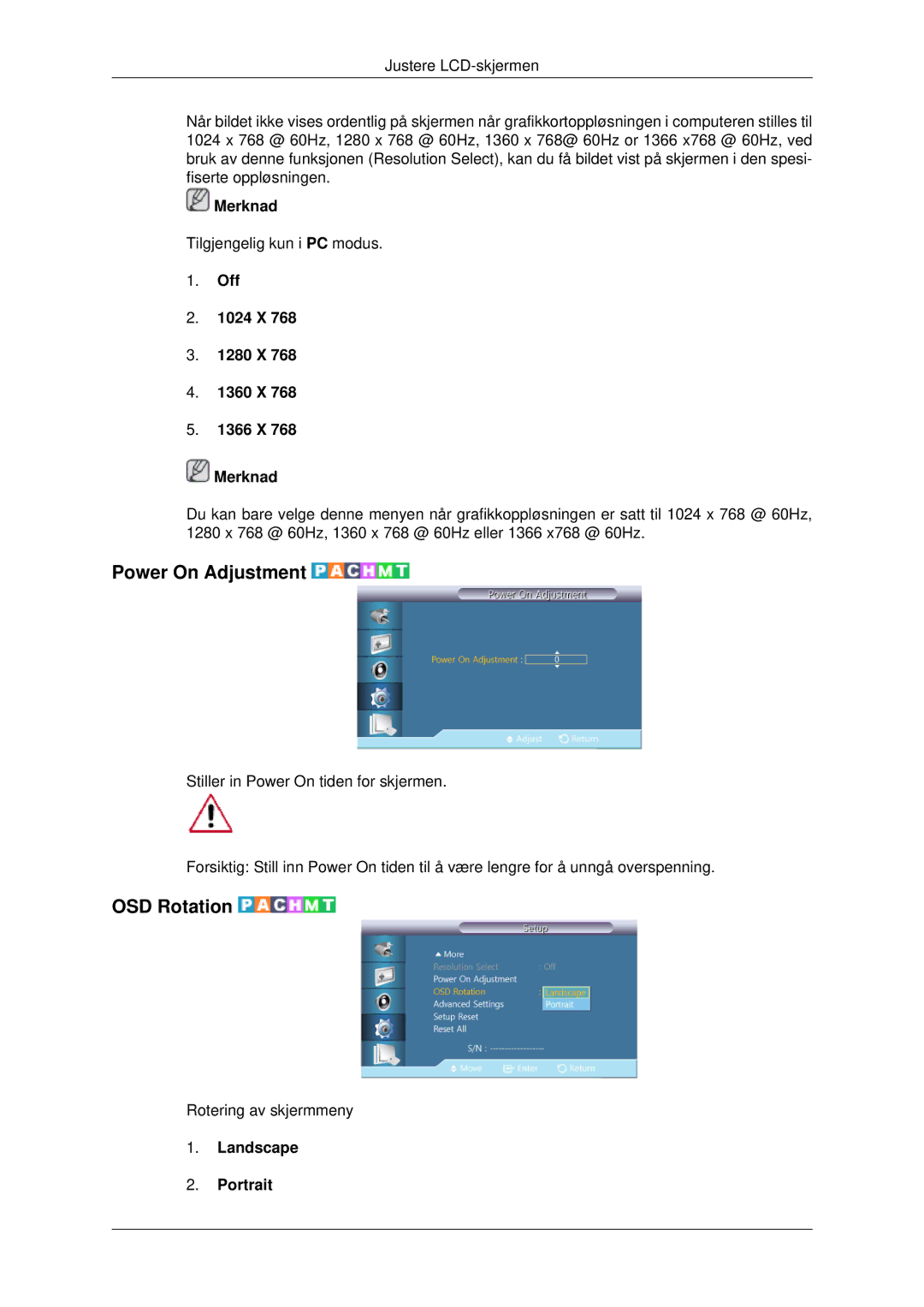 Samsung LH46CBULBB/EN manual Power On Adjustment, OSD Rotation, Off 1024 X 1280 X 1360 X 1366 X Merknad, Landscape Portrait 