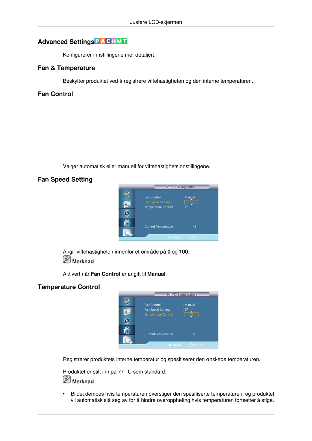 Samsung LH46CKPLBB/EN manual Advanced Settings, Fan & Temperature, Fan Control, Fan Speed Setting, Temperature Control 