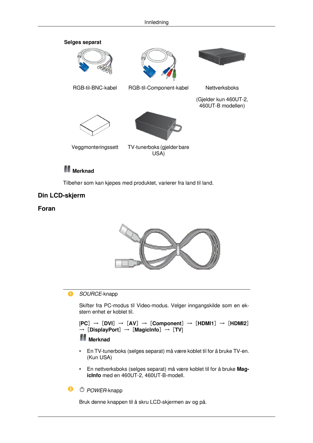 Samsung LH46CKQLBB/EN, LH46CBQLBB/EN, LH46CBULBB/EN, LH46CKPLBB/EN, LH46CKTLBB/EN manual Din LCD-skjerm Foran, SOURCE-knapp 