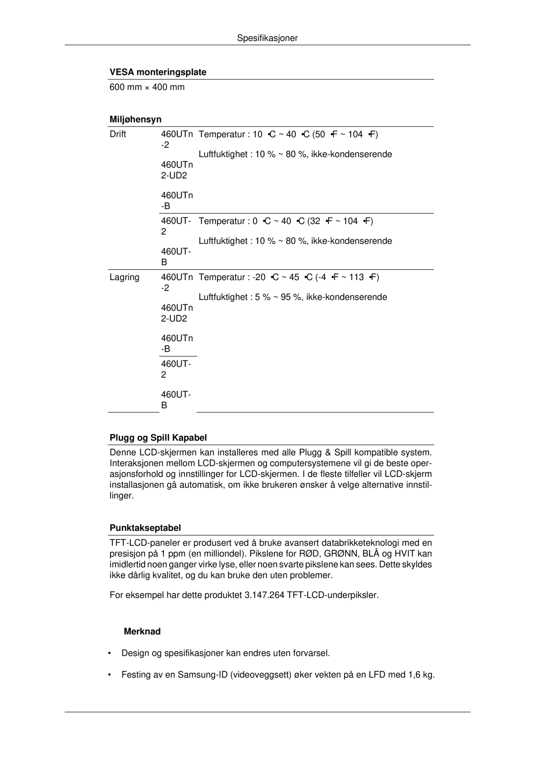 Samsung LH46CBULBB/EN, LH46CBQLBB/EN manual Vesa monteringsplate, Miljøhensyn, Plugg og Spill Kapabel, Punktakseptabel 