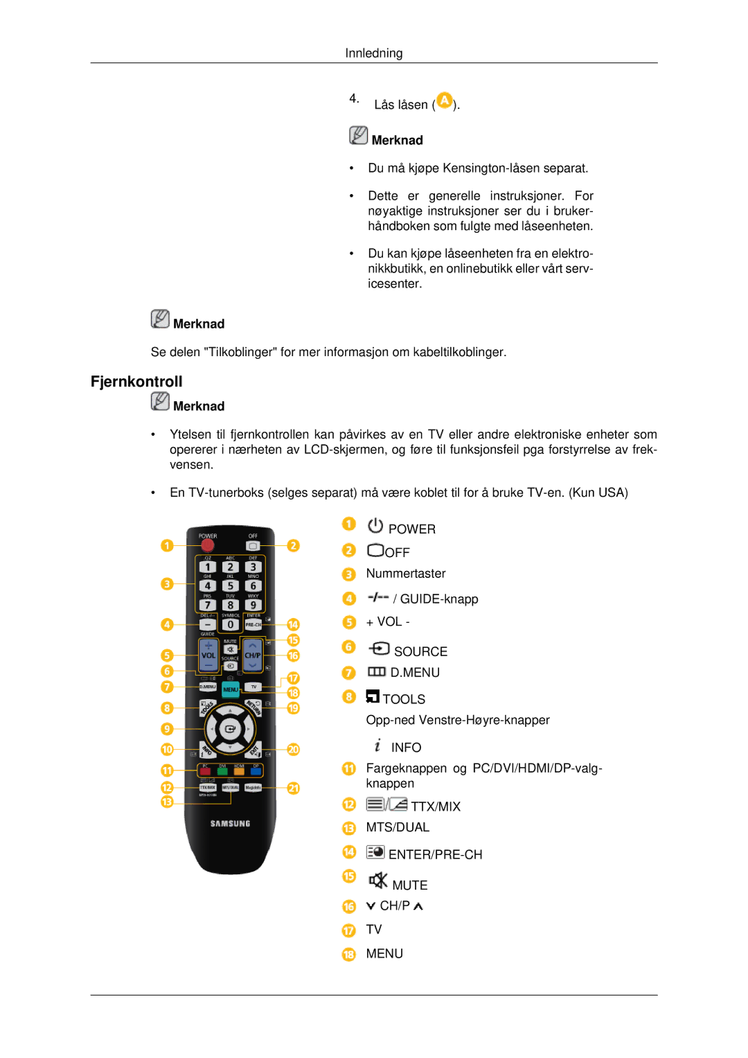 Samsung LH46CKQLBB/EN, LH46CBQLBB/EN, LH46CBULBB/EN, LH46CKPLBB/EN, LH46CKTLBB/EN, LH46CBSLBB/EN manual Fjernkontroll 