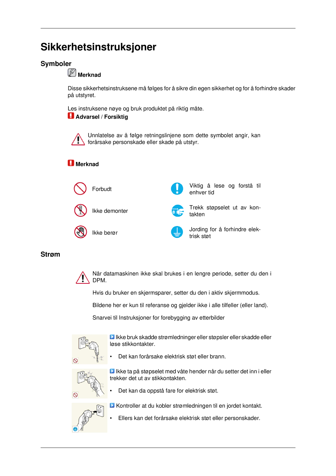 Samsung LH46CKPLBB/EN, LH46CBQLBB/EN, LH46CBULBB/EN, LH46CKTLBB/EN, LH46CBSLBB/EN, LH46CKQLBB/EN manual Symboler, Strøm, Merknad 