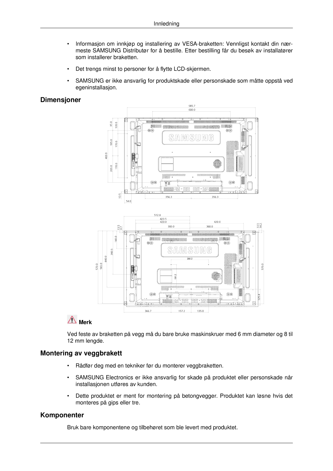 Samsung LH46CKTLBB/EN, LH46CBQLBB/EN, LH46CBULBB/EN, LH46CKPLBB/EN Dimensjoner, Montering av veggbrakett, Komponenter, Merk 