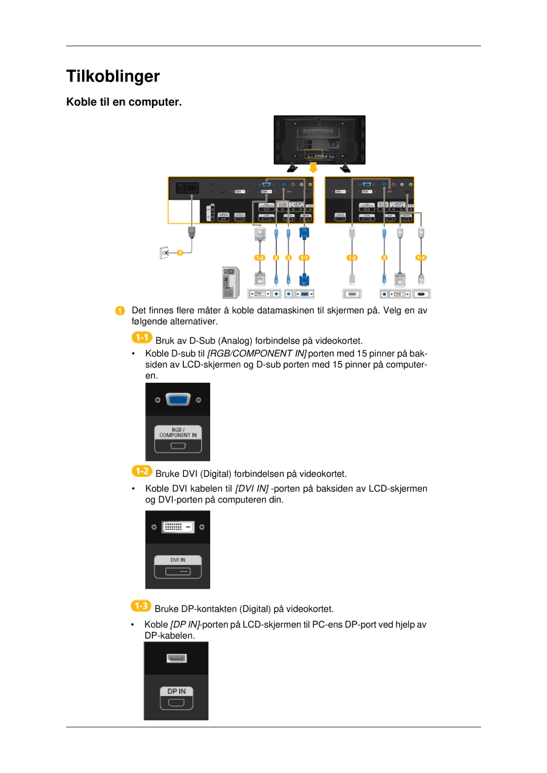 Samsung LH46CKPLBB/EN, LH46CBQLBB/EN, LH46CBULBB/EN, LH46CKTLBB/EN, LH46CBSLBB/EN manual Tilkoblinger, Koble til en computer 