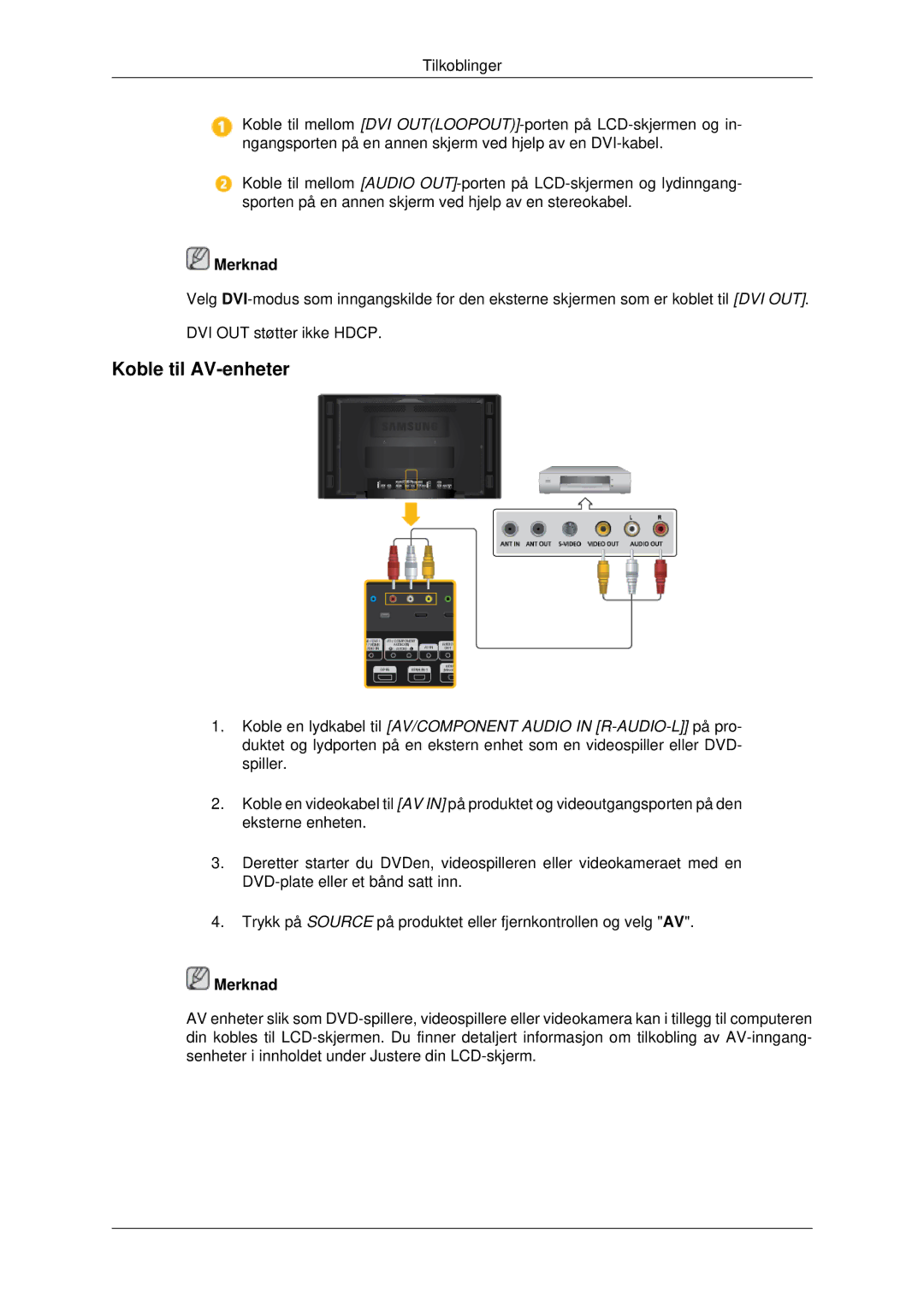 Samsung LH46CBSLBB/EN, LH46CBQLBB/EN, LH46CBULBB/EN, LH46CKPLBB/EN, LH46CKTLBB/EN, LH46CKQLBB/EN manual Koble til AV-enheter 