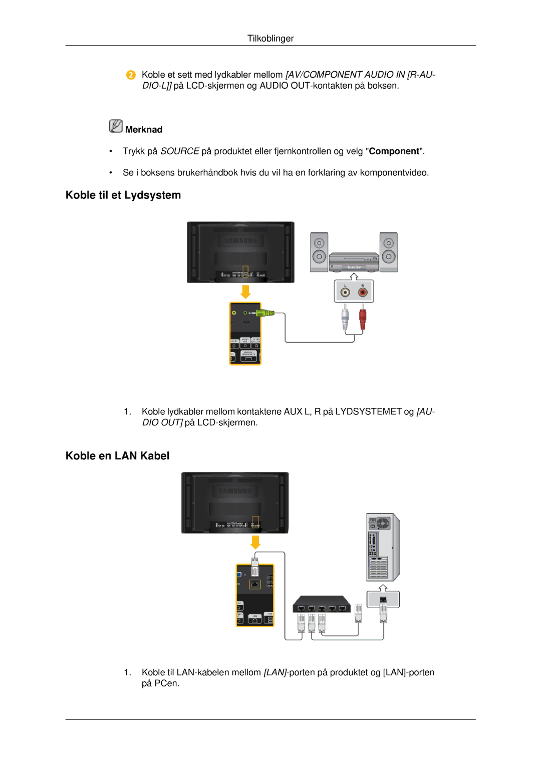 Samsung LH46CKPLBB/EN, LH46CBQLBB/EN, LH46CBULBB/EN, LH46CKTLBB/EN, LH46CBSLBB/EN Koble til et Lydsystem, Koble en LAN Kabel 