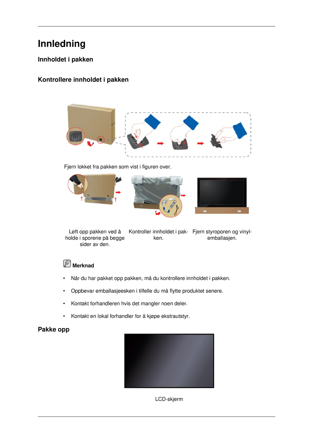 Samsung LH46CKTLBB/EN, LH46CBQLBB/EN, LH46CBULBB/EN manual Innholdet i pakken Kontrollere innholdet i pakken, Pakke opp 