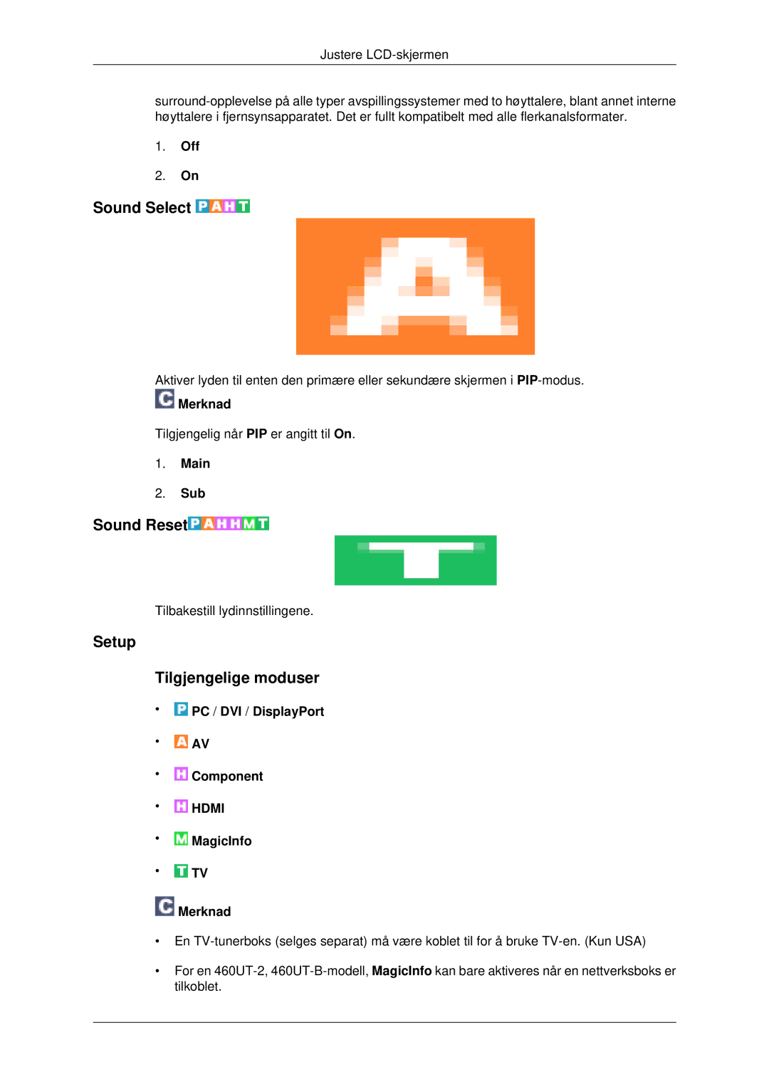Samsung LH46CKTLBB/EN, LH46CBQLBB/EN, LH46CBULBB/EN manual Sound Select, Sound Reset, Setup Tilgjengelige moduser, Main Sub 