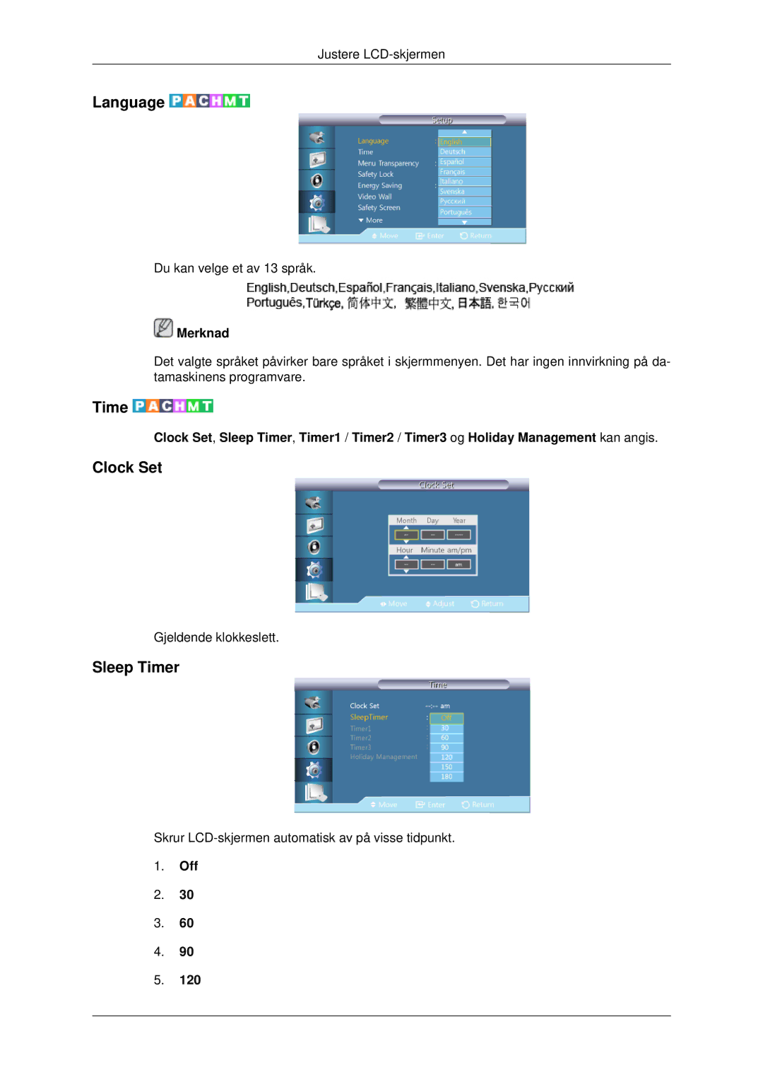 Samsung LH46CBSLBB/EN, LH46CBQLBB/EN, LH46CBULBB/EN, LH46CKPLBB/EN, LH46CKTLBB/EN manual Language, Clock Set, Sleep Timer 