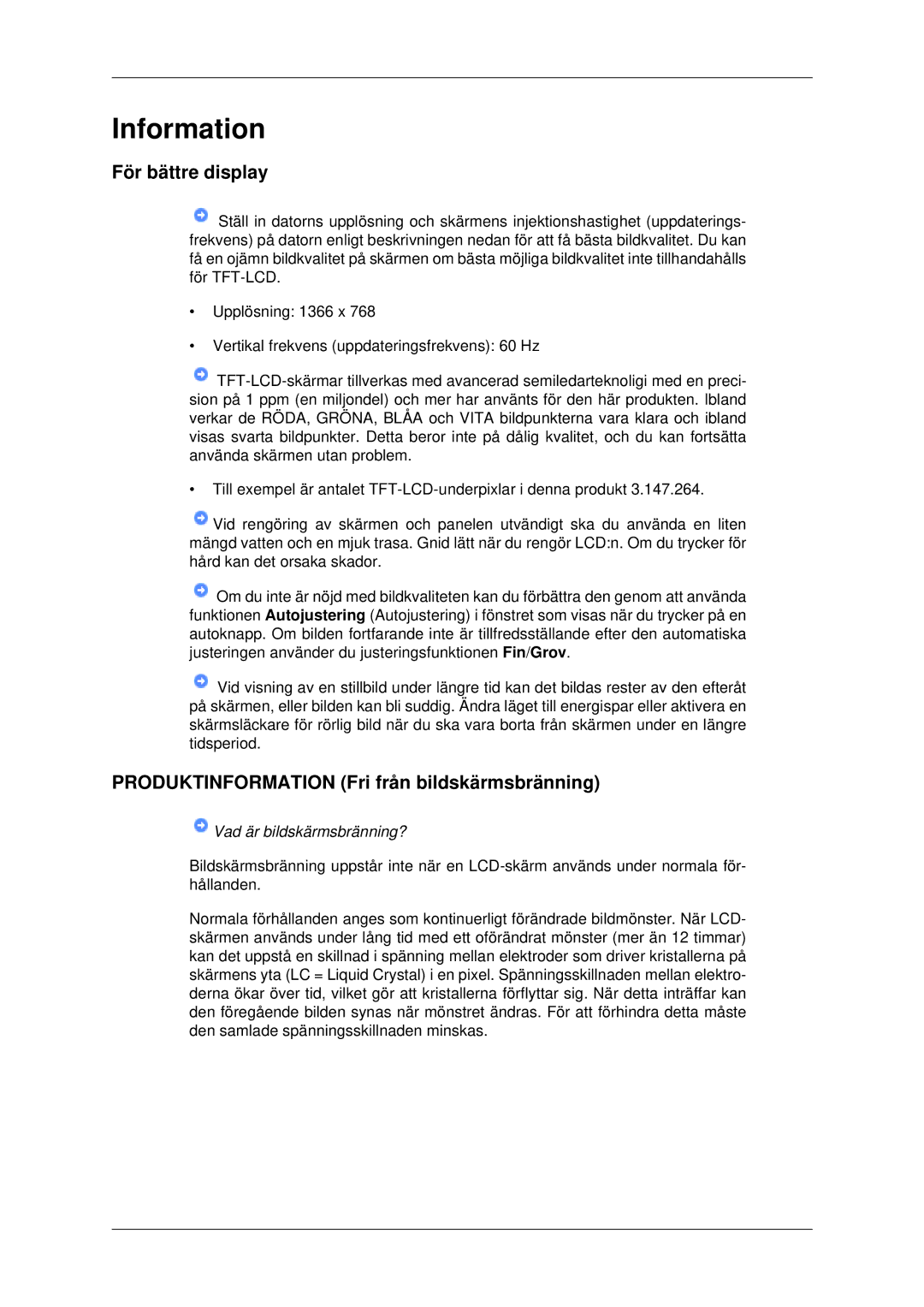 Samsung LH46CBQLBB/EN, LH46CBULBB/EN, LH46CKPLBB/EN manual För bättre display, Produktinformation Fri från bildskärmsbränning 