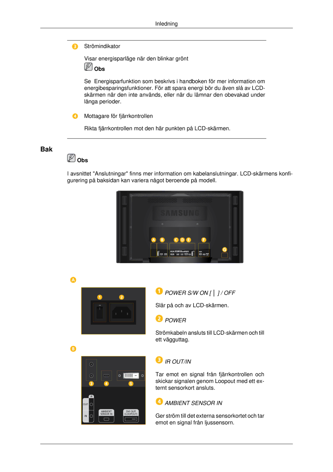 Samsung LH46CBULBB/EN, LH46CBQLBB/EN, LH46CKPLBB/EN, LH46CKTLBB/EN, LH46CBSLBB/EN, LH46CKQLBB/EN manual Bak, Ir Out/In 