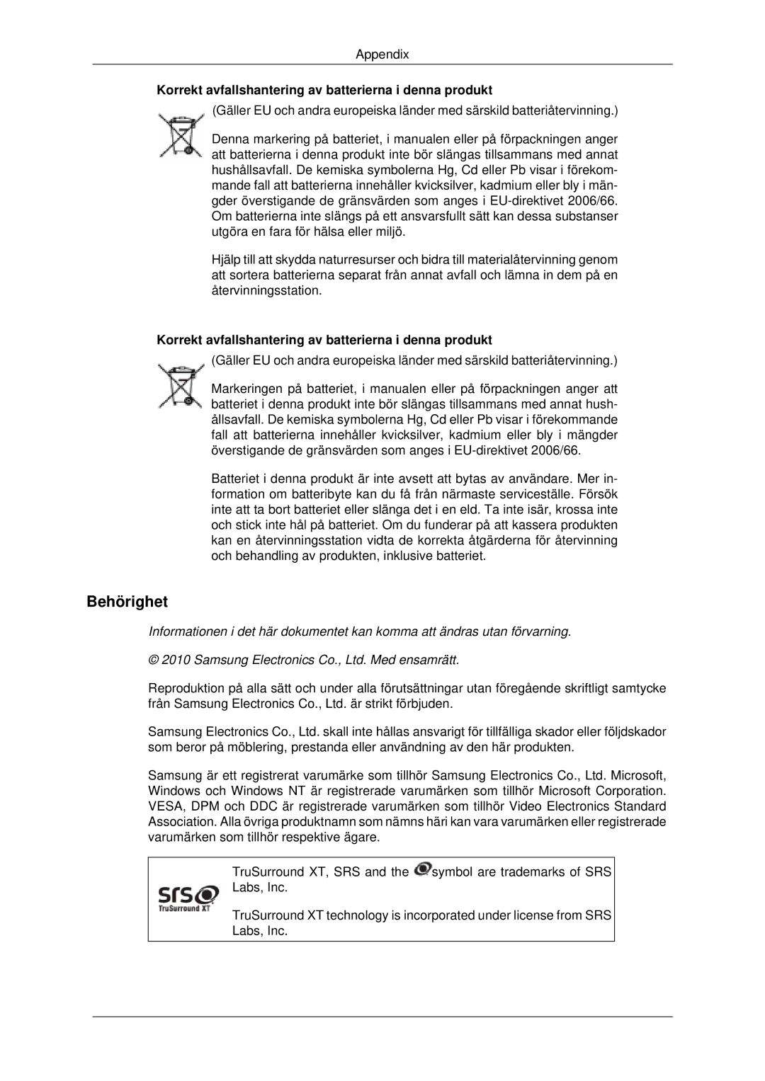 Samsung LH46CKTLBB/EN, LH46CBQLBB/EN, LH46CBULBB/EN Behörighet, Korrekt avfallshantering av batterierna i denna produkt 