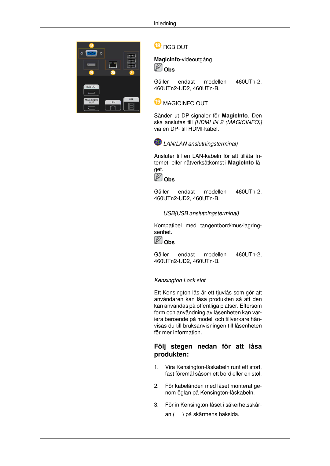 Samsung LH46CKQLBB/EN, LH46CBQLBB/EN, LH46CBULBB/EN, LH46CKPLBB/EN Följ stegen nedan för att låsa produkten, Magicinfo OUT 