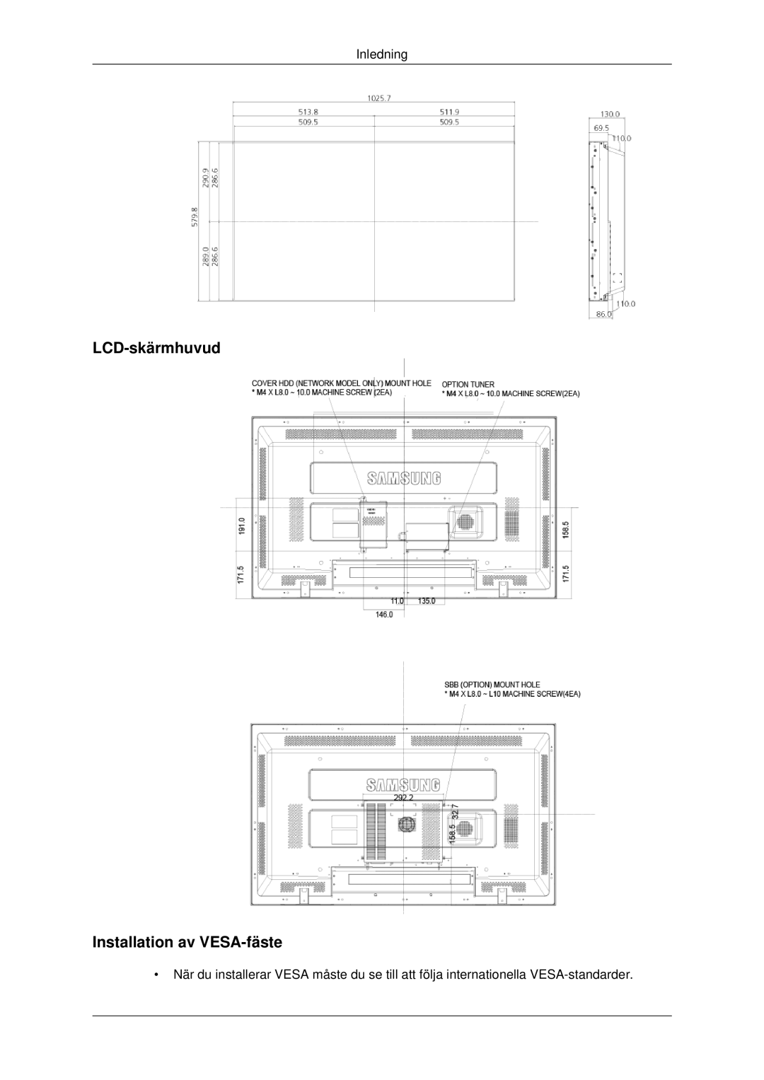 Samsung LH46CKTLBB/EN, LH46CBQLBB/EN, LH46CBULBB/EN, LH46CKPLBB/EN, LH46CBSLBB/EN LCD-skärmhuvud Installation av VESA-fäste 