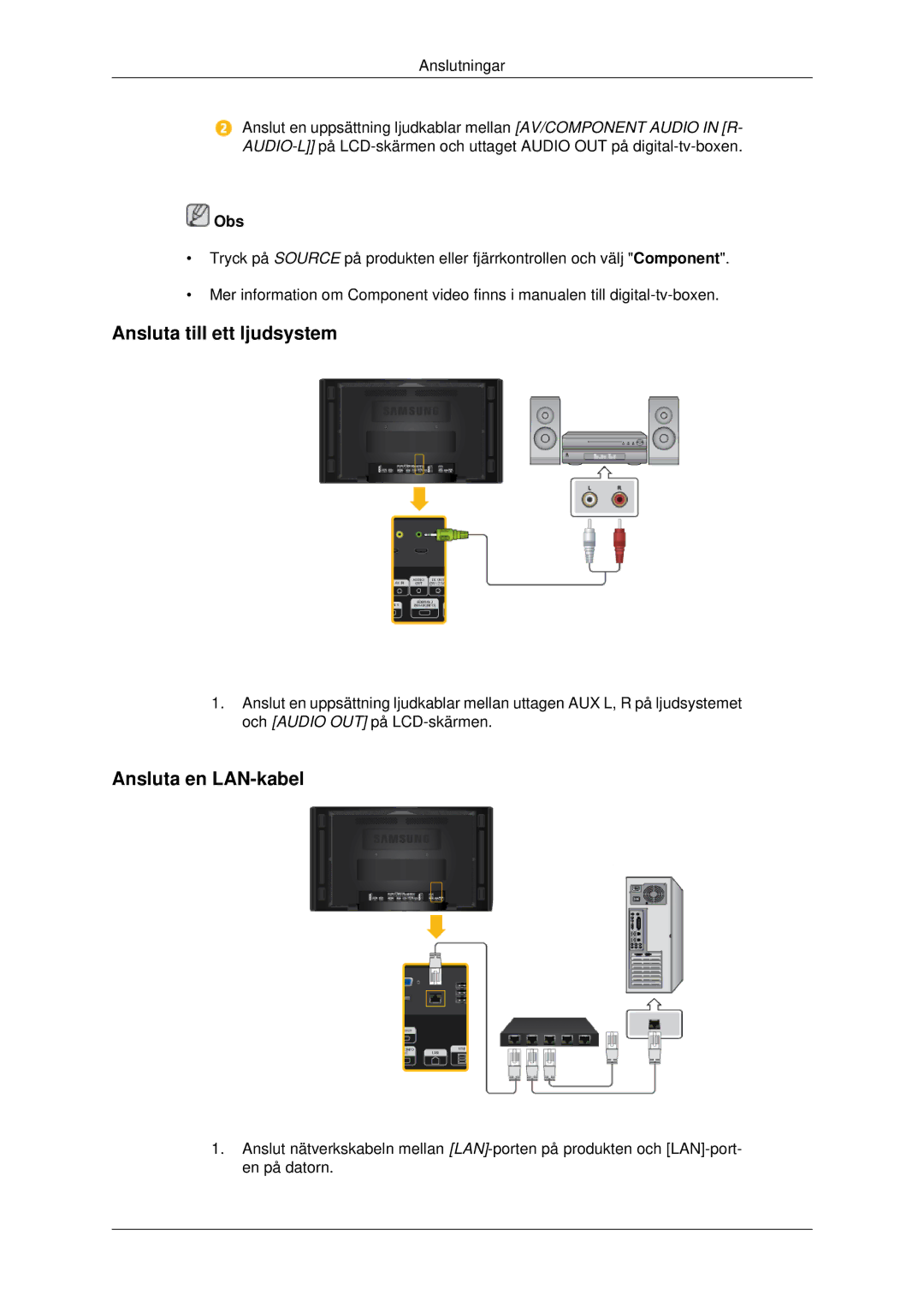 Samsung LH46CKTLBB/EN, LH46CBQLBB/EN, LH46CBULBB/EN, LH46CKPLBB/EN manual Ansluta till ett ljudsystem, Ansluta en LAN-kabel 