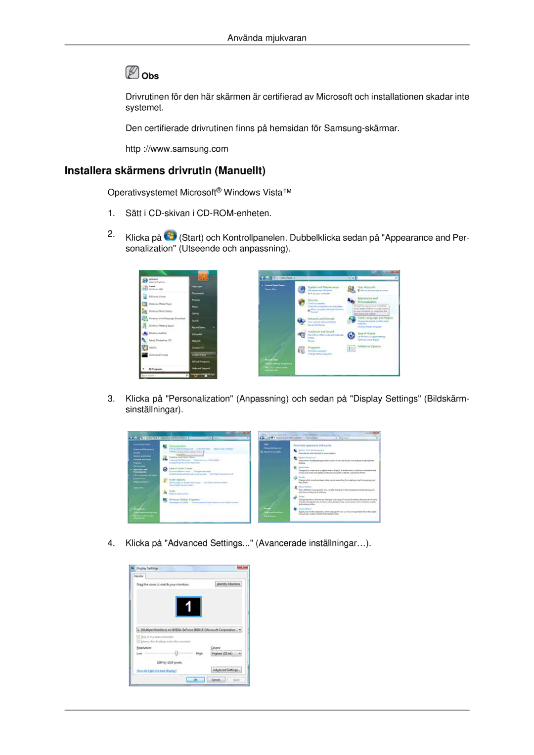 Samsung LH46CBQLBB/EN, LH46CBULBB/EN, LH46CKPLBB/EN, LH46CKTLBB/EN, LH46CBSLBB/EN manual Installera skärmens drivrutin Manuellt 