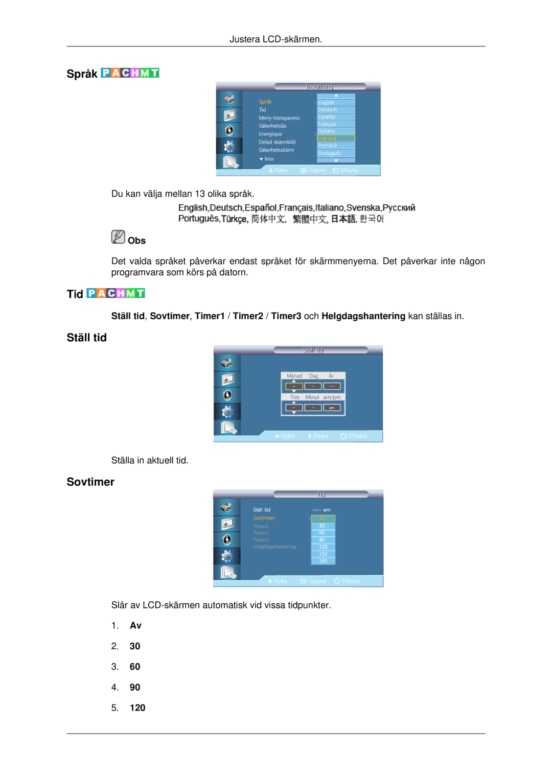 Samsung LH46CBQLBB/EN, LH46CBULBB/EN, LH46CKPLBB/EN, LH46CKTLBB/EN, LH46CBSLBB/EN manual Språk, Tid, Ställ tid, Sovtimer 