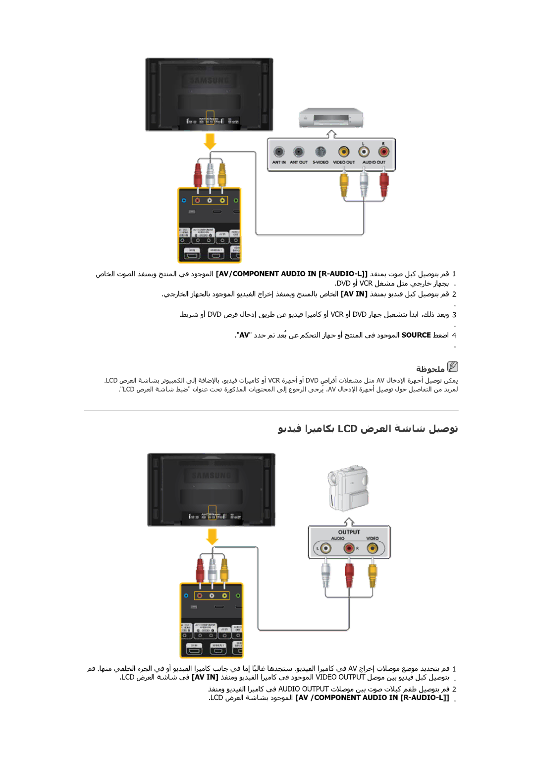 Samsung LH46CBQLBB/HD manual ﻮﻳﺪﻴﻓ اﺮﻴﻣﺎﻜﺑ Lcd ضﺮﻌﻟا ﺔﺷﺎﺷ ﻞﻴﺻﻮﺗ, LCD ضﺭﻉﻟا ﺔﺷﺎﺸﺑ دﻮﺟﻮﻤﻟا AV /COMPONENT Audio in R-AUDIO-L 