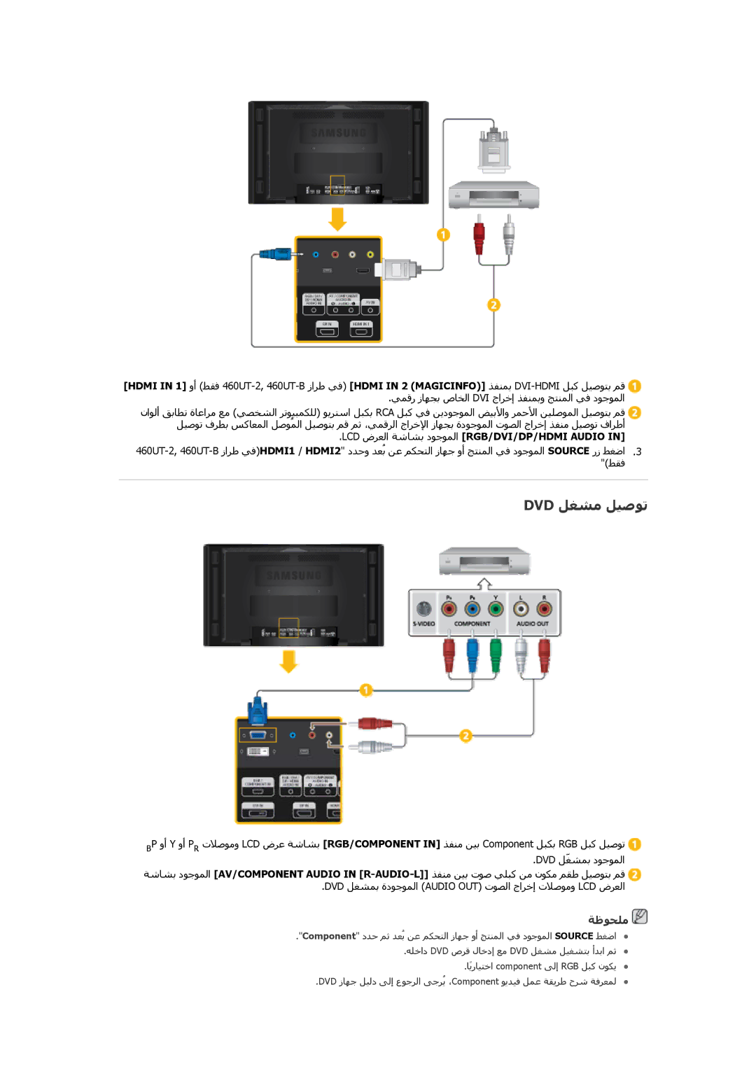 Samsung LH46CBQLBB/NG, LH46CBQLBB/EN, LH46CBULBB/EN manual Dvd ﻞﻐﺸﻣ ﻞﻴﺻﻮﺗ, LCD ضﺭﻉﻟا ﺔﺷﺎﺸﺑ دﻮﺟﻮﻤﻟا RGB/DVI/DP/HDMI Audio 