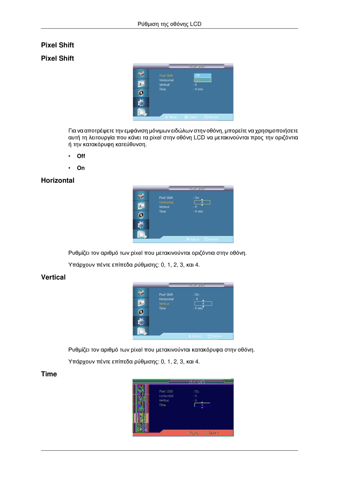 Samsung LH46CBPLBB/EN, LH46CBQLBB/EN, LH46CKPLBB/EN, LH46CKQLBB/EN manual Pixel Shift, Time 