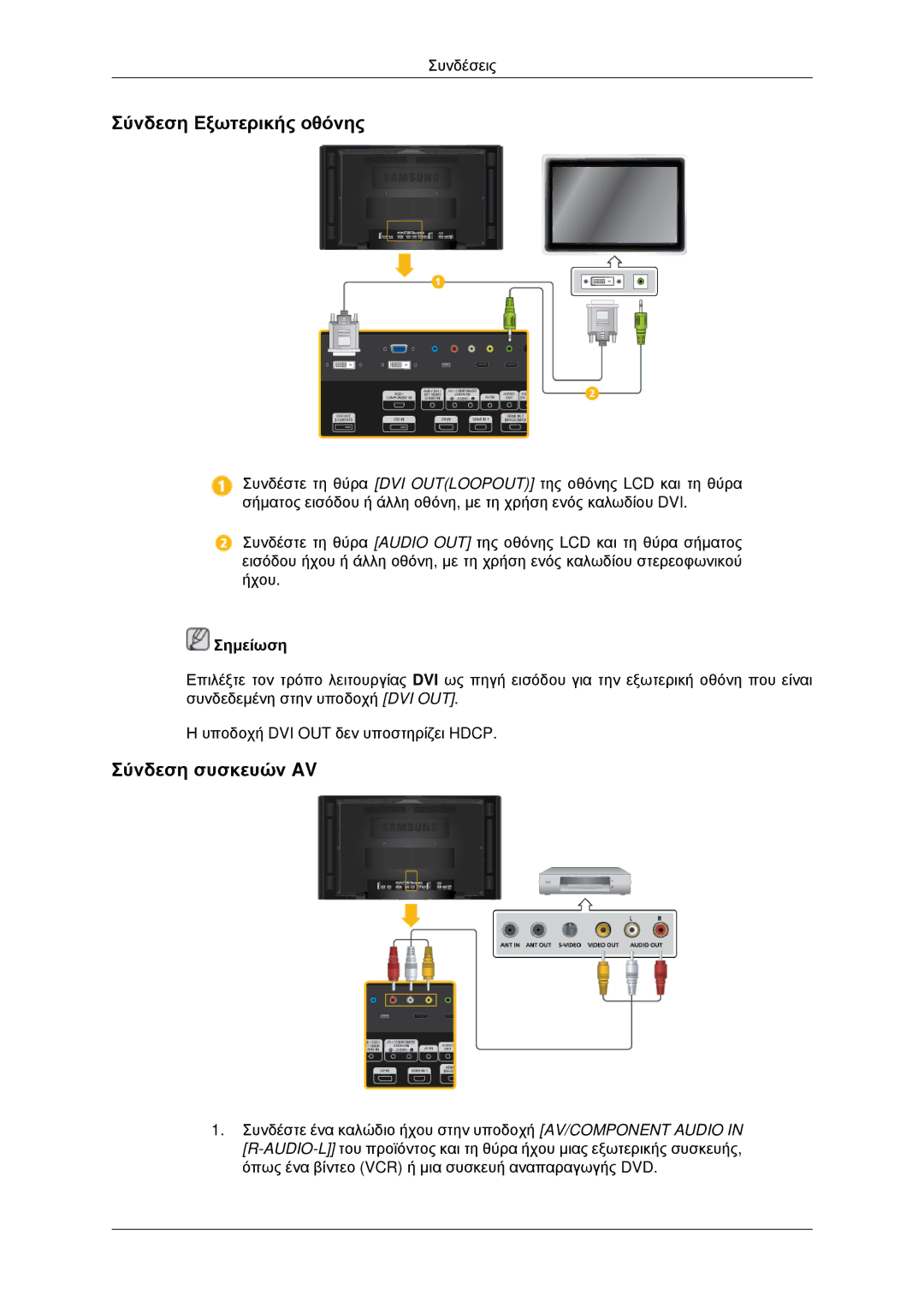 Samsung LH46CKQLBB/EN, LH46CBQLBB/EN, LH46CKPLBB/EN, LH46CBPLBB/EN manual Σύνδεση Εξωτερικής οθόνης, Σύνδεση συσκευών AV 